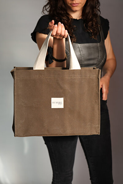 Remore Design Kahve, Mumlu Kanvas Tote Bag, Macbook 15 Inch Uyumlu Laptop Çan...
