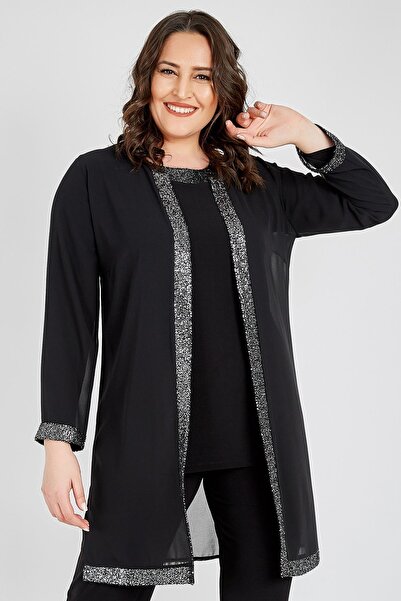 Ladies First Büyük Beden 3717 Siyah Gümüş Ceket Bluz Ikili Takım