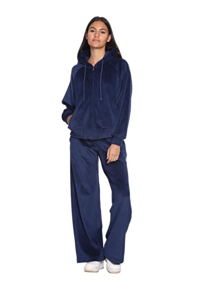 Whitney KADIN KAPÜŞONLU DÜZ PAÇA LACİVERT KADİFE TAKIM