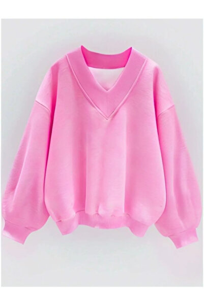 FUWEAR Kadın Pembe Renk V Yaka Oversize Sweatshirt