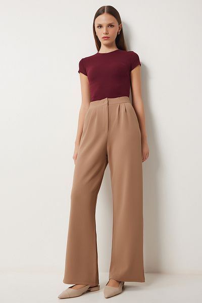 Lovelyİstanbul Relaxed Fit Lycra Knitted Palazzo Trousers - Biscuit Lrv0019