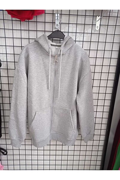LADY HAZAL 3 Yarn Grey Oversize Sweat - Cardigan with Zipper and Kangaroo Pockets
