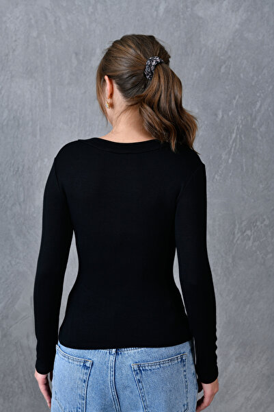 bayansepeti Black Knitted Stretchy Fabric V Neck Long Sleeve Basic Blouse 12972