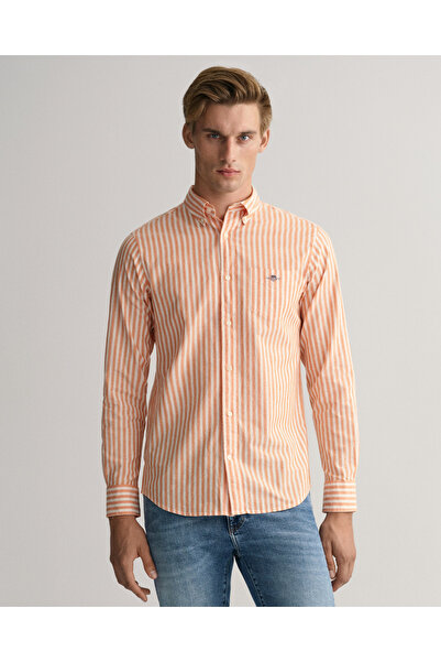 Gant Erkek Turuncu Regular Fit Düğmeli Yaka Çizgili Gömlek