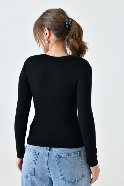 bayansepeti Lycra Stretchy Fabric Long Sleeve V Neck Long Black Blouse 12972