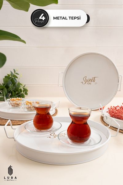 Skygo 4 قطع من صواني تقديم الشاي والقهوة المعدنية المطبوعة باللون الأبيض Sweet Home - 25 سم