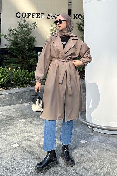 lamelif Milk Coffee Trench Coat - Elastic Sleeve Detail