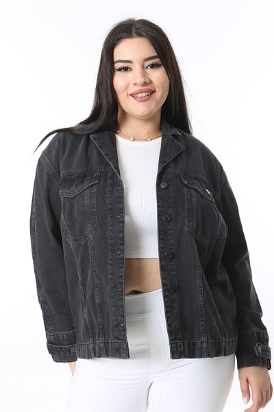 Şans Women's Large Size Anthracite Cup Detailed Front Buttoned Denim Coat 65N38384