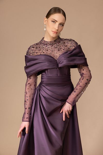 Kenzel Sheer Long Sleeve Draped Slit Long Dress