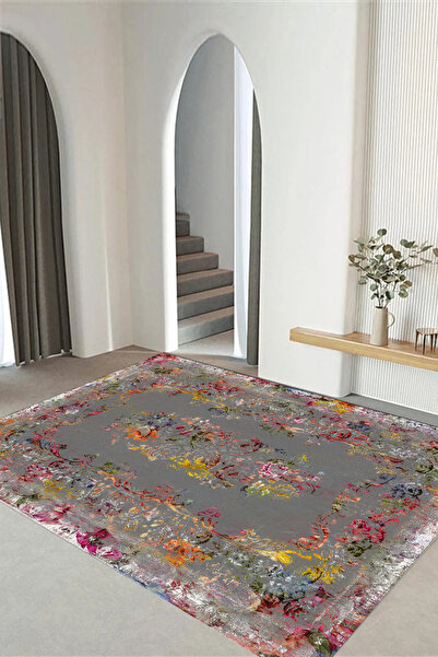 Viyana Home Dijital Kaymaz Klasik Renkli Çiçek Model Yıkanabilir Yolluk Mutfa...