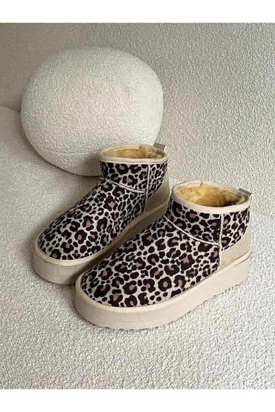 ERVANIN BUTİĞİ Beige Leopard Suede Snow Boots (Mini XL) Women's Boots