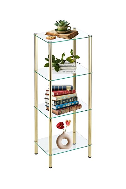 Nurline 4 Katlı Gold Metal Ayaklı Cam Raf ,Camlı Raf Standı Banyo, Yatak Odası, Ev Ofisi İçin, Temperli Cam,