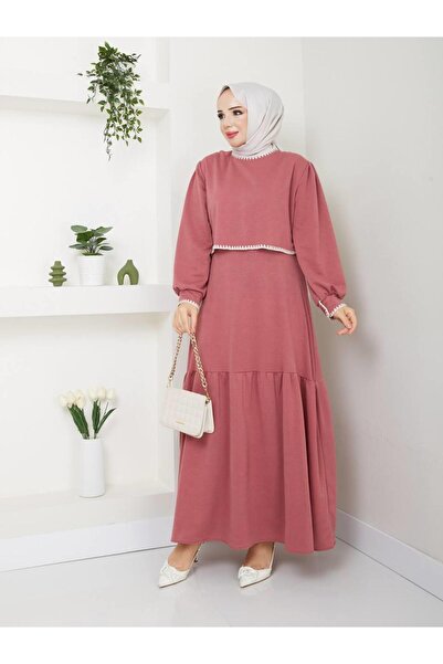 moda periy kadın tarz şerit detaylı İki İplik Tesettür Elbise