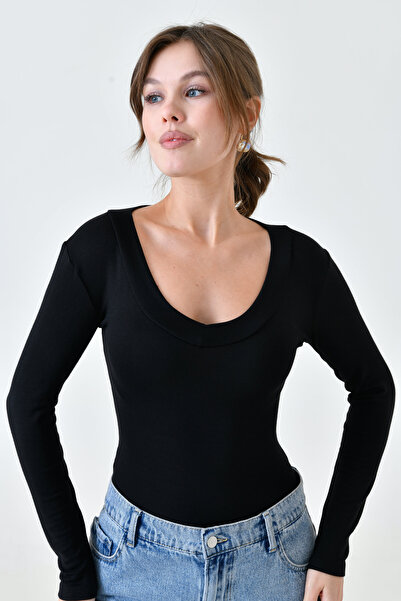 bayansepeti Lycra Stretchy Fabric Long Sleeve V Neck Long Black Blouse 12972