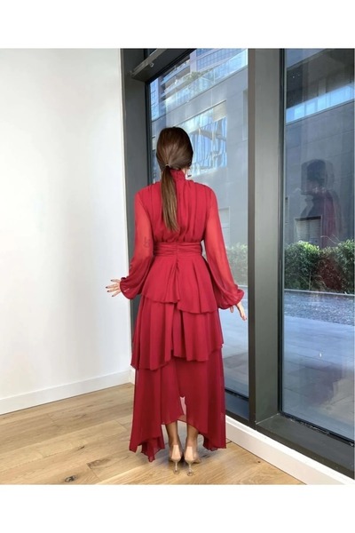 Afiş Butik Piros sifon réteges szoknya tüll ujjú redős ruha