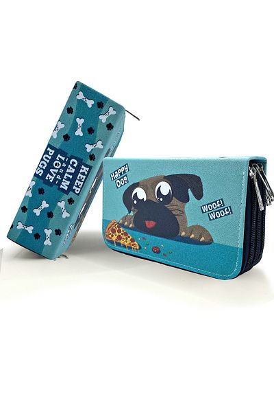 Limmy Cute Dog Kawai Organizer - Vegan Leather, Μαύρη μολυβοθήκη τριών διαμερισμάτων