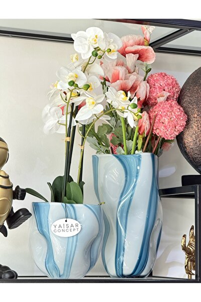 Ornamenti Design 2'Li Renee Turkuaz Beyaz Cam Vazo