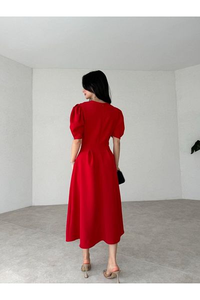 Afiş Butik Red Double-breasted Midi Dress with Stone Detail and Drap