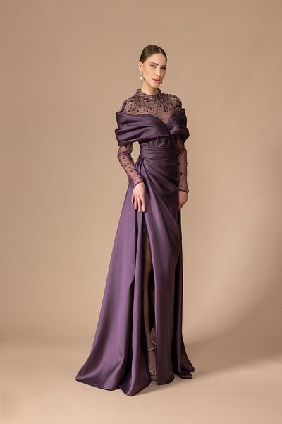 Kenzel Sheer Long Sleeve Draped Slit Long Dress