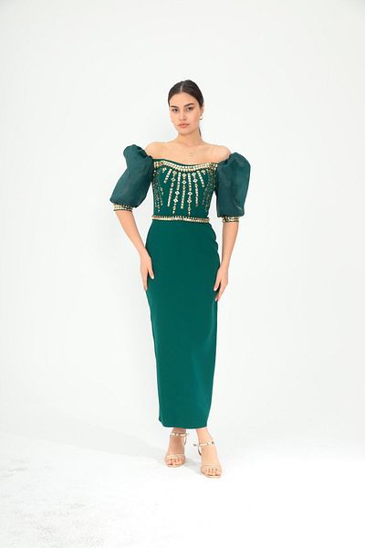 Aperla Strapless Evening Dress with Balloon Sleeve Stone Print and Slit Detail