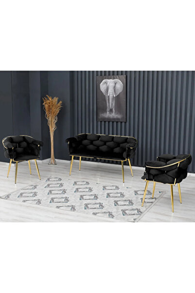 Rozexi Balon Çay Seti Takımı Koltuk Takımı Oturma Odası Kafe Antre Hol Ofis 2+1+1 Gold Metal