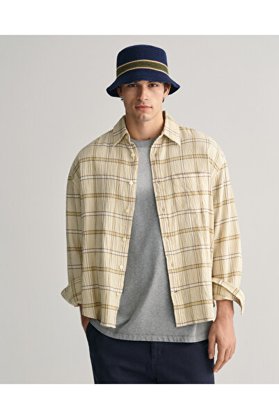 Gant Erkek Bej Oversize Fit Klasik Yaka Kareli Gömlek
