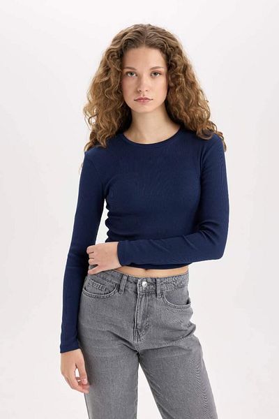 DeFacto Tricou cu mânecă lungă, cu decolteu rotund, cu nervuri