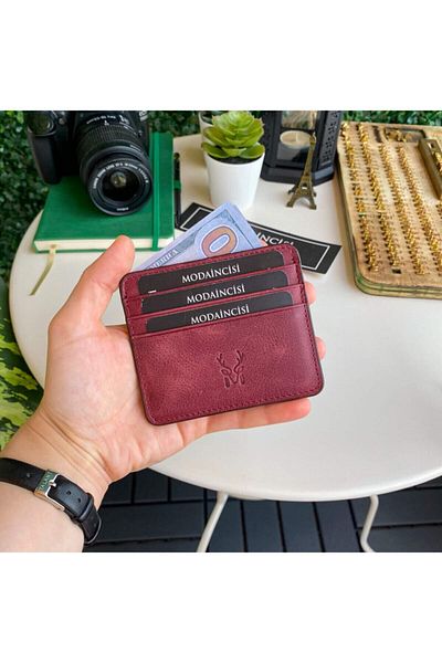 Modica Claret Red Mini Γνήσιο Δερμάτινο Γυναικείο Θήκη Κάρτας - Θήκη Επαγγελματικής Κάρτας με Κουτί δώρου - Ariza