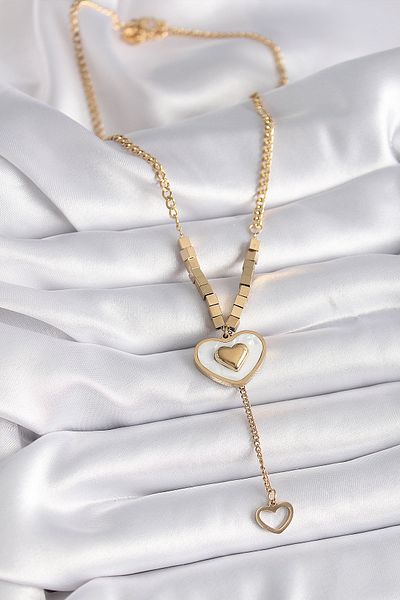 Store 316L Steel Gold Color White Pearlescent Heart Model Dangle Detail Women's Necklace