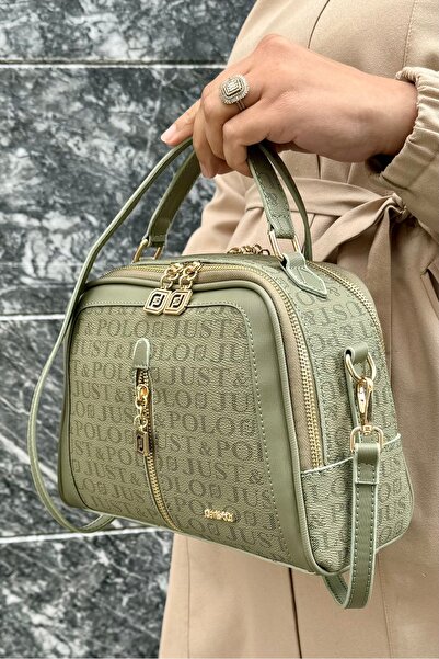 Just Polo حقيبة يد وكتف نسائية باللون الأخضر الجملي مكونة من 4 أقسام