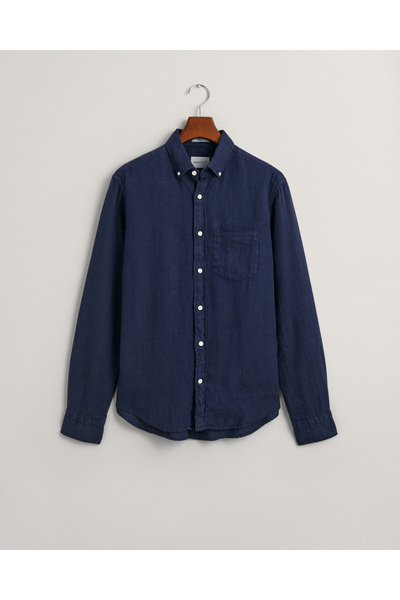 Gant Erkek Lacivert Regular Fit Düğmeli Yaka Keten Gömlek