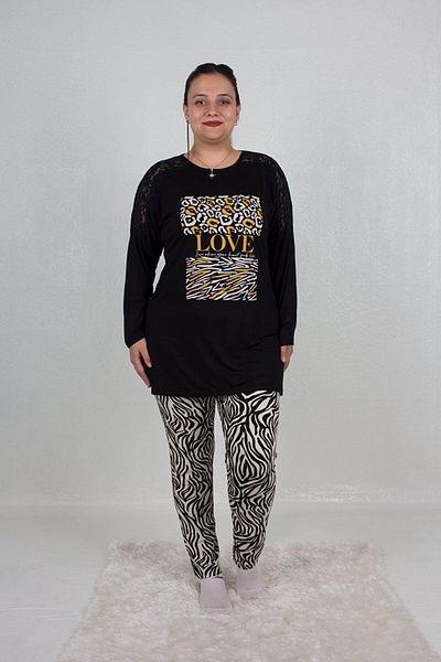 Truva XXL Plus Size Shoulder Detail Bottom Zebra Pattern Pajamas Set