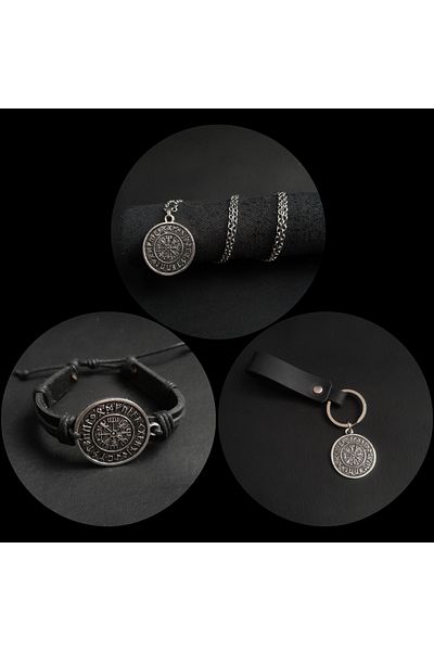 BSN Store Set of 3 Scandinavian Compass Figured Genuine Leather Bracelet Keychain and Necklace