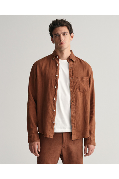 Gant Erkek Kahverengi Regular Fit Düğmeli Yaka Keten Gömlek