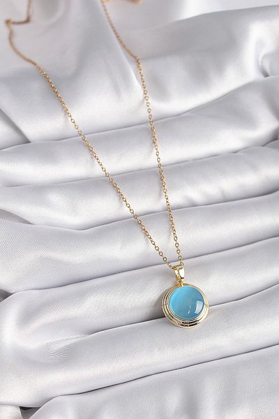 Mu Art Ahşap 316L Steel Gold Color Blue Pearlescent Circle Model Women's Necklace