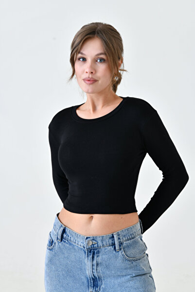bayansepeti Lycra Stretchy Fabric Long Sleeve Crew Neck Short Crop Black Blouse 12973
