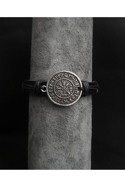 BSN Store Set of 3 Scandinavian Compass Figured Genuine Leather Bracelet Keychain and Necklace