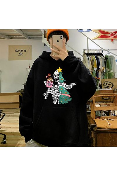 Touz Moda Φούτερ με χριστουγεννιάτικο εμπριμέ σκελετό μαύρο Unisex Oversize με κουκούλα