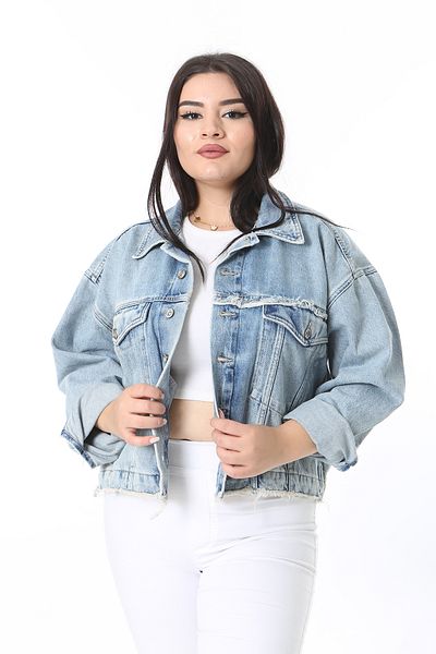 Şans Women's Large Size Blue Washing Effect Jeans Jacket 65N38382