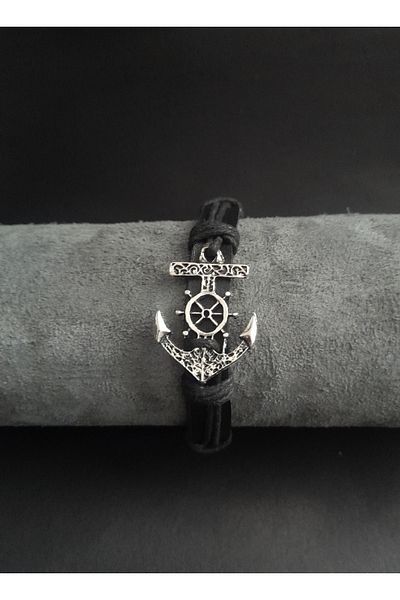 BSN Store Set of 3 Genuine Leather Bracelet, Keychain and Necklace with Scandinavian Sailor Anchor Figure
