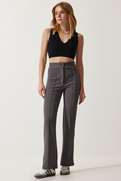 Lovelyİstanbul Yüksek Bel Likralı Örme Pantolon FÜME LRV0004