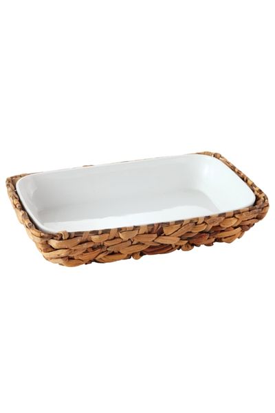 Bien Servi Ceramic Rectangular Serving Dish with Rattan Basket