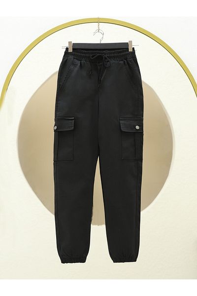 Modamorfo Laced Cargo Jeans with Elastic Waist and Legs - Black