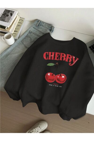 Generic Brand Cherry-Happy-Printed Black Crew Neck Sweatshirt - Oversize Unis...