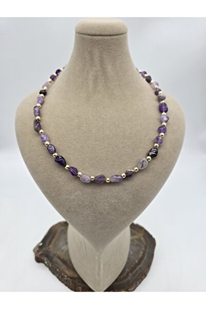 NBS Beautiful Naturel Stones Ametist Gerçek Doğal Taş Kolye 40 cm Zarif ( Alt...