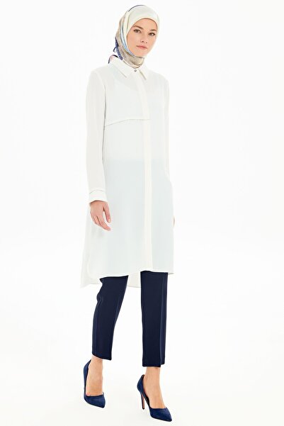 Tuğba Aksesuar Şerit Detaylı Yırtmaçlı Tunik - Ekru