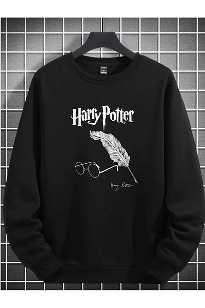 Cakkey Unisex Oversize Comfortable Fit Harry Potter Printed Crew Neck Black Fleece Sweatshirt