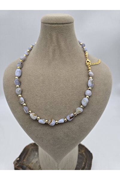 NBS Beautiful Naturel Stones Kalsedon Doğal Taş Kolye 40 cm Zarif ( Altın Kaplama Zincir ) Doğal kesim aa kalite