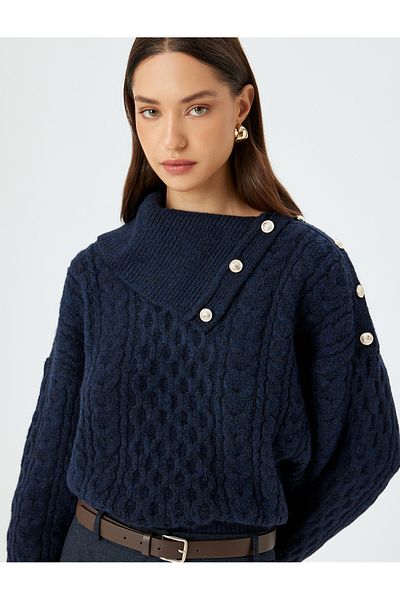 Koton Long Sleeve Gold Button Detailed Turtleneck Hair Knit Sweater
