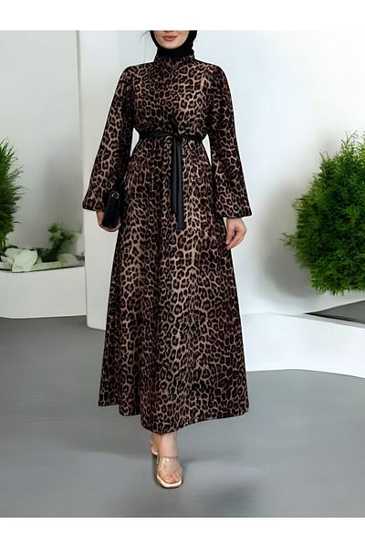 Modamorfo Leopard Print Dress with Stand Collar Belt